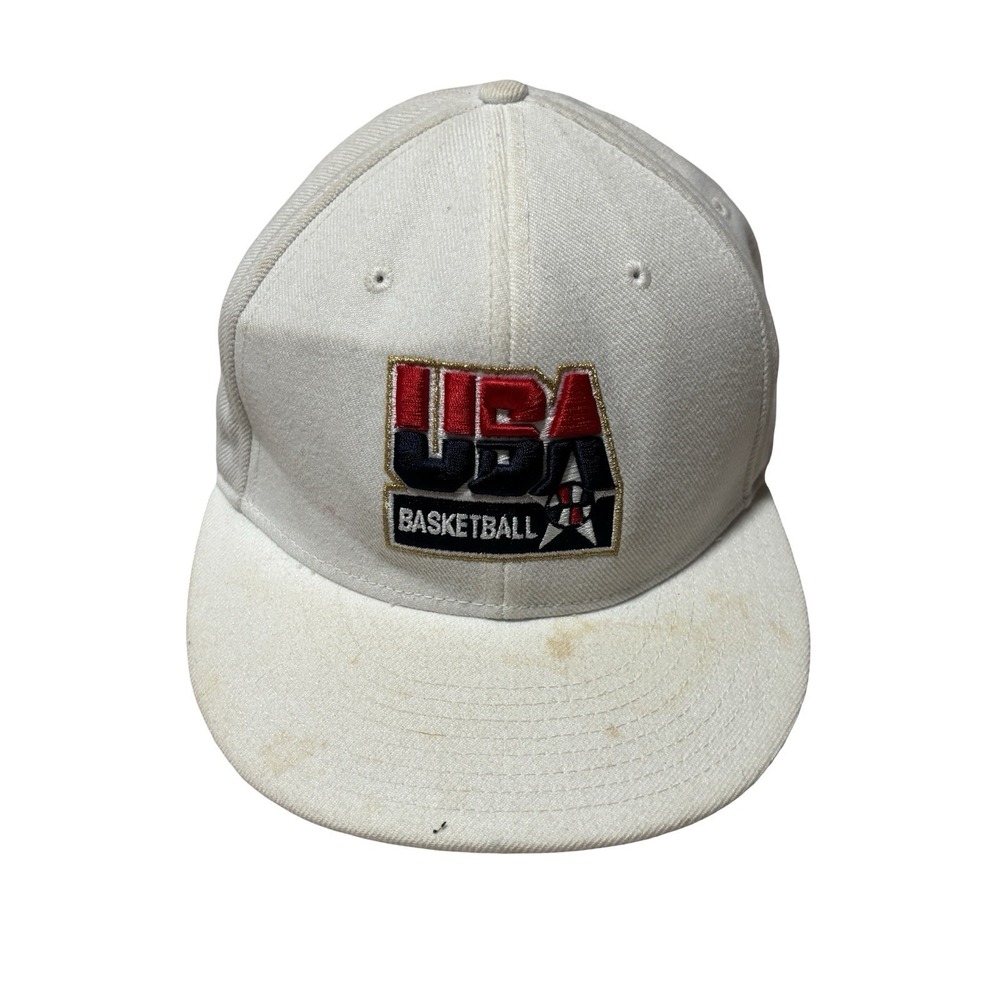 VTG Nike Team USA Dream Team Olympic Basketball White Gold Fitted Hat Cap 7‎ 3/8